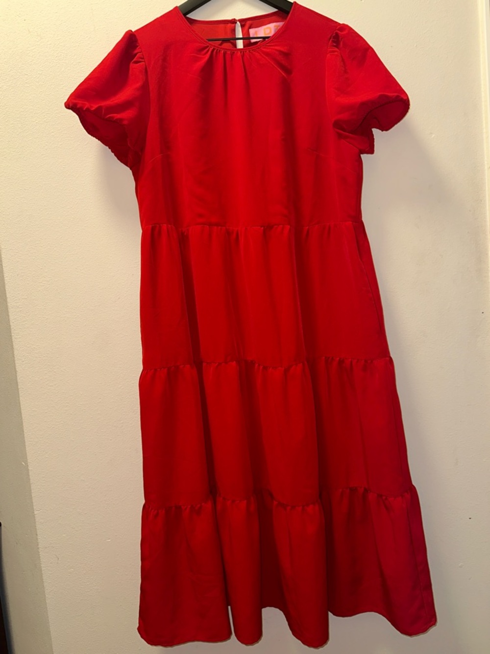 LDT Women’s Red Puff Sleeve Tiered Midi Dress Pockets Minimalist Blogger Fave 12